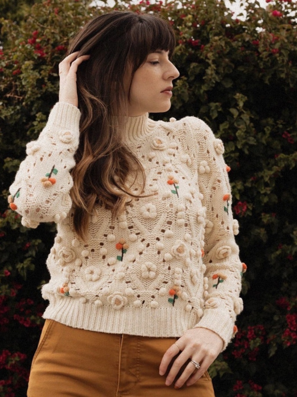 Zara Ecru Floral Bobble Knit Funnel Neck Sweater Size S